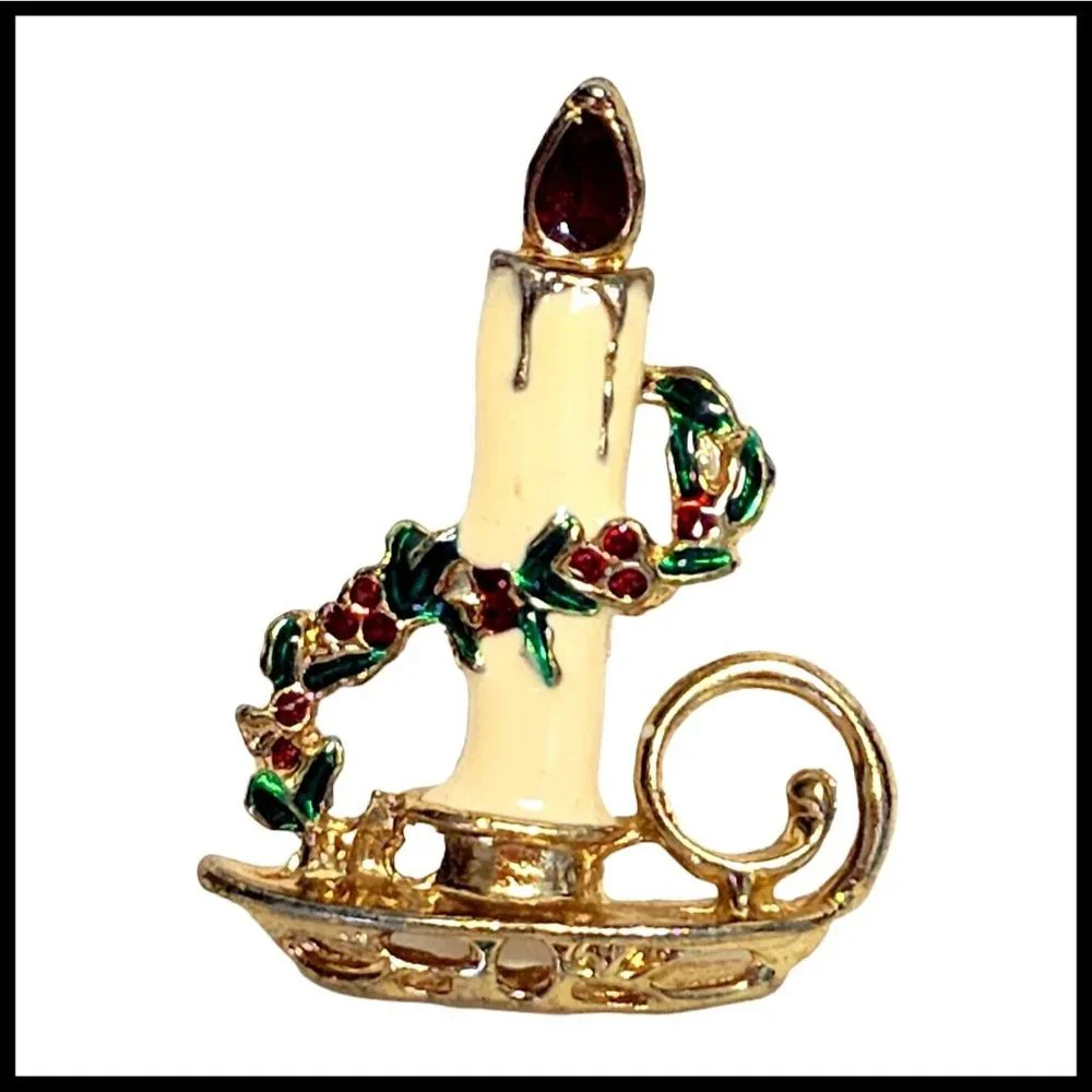 Vintage Holiday Christmas Enamel Candle white Green Red Pin‎ Brooch